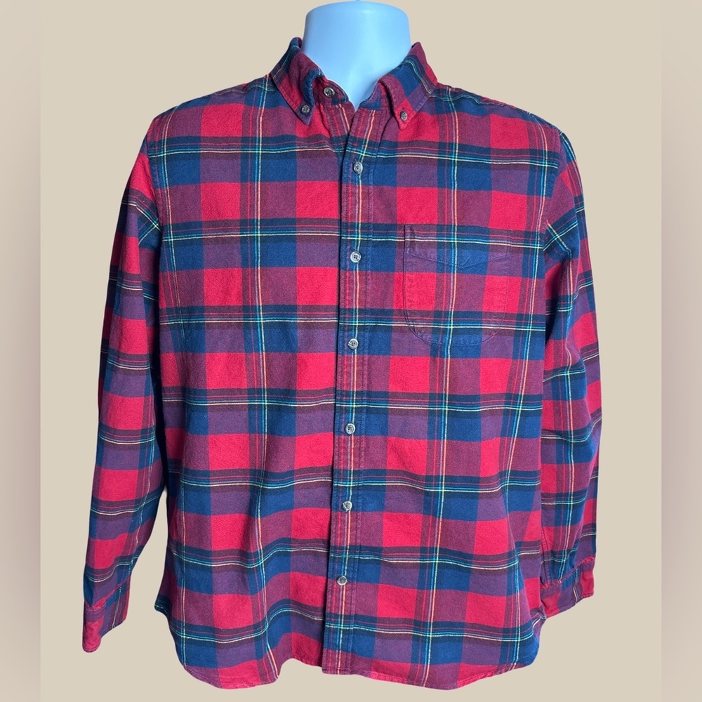Gap Men’s Red Navy Plaid Brushed Flannel Button Down Shirt 100% Cotton SZ M